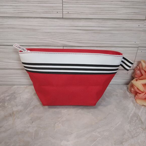 Lancome Small Cosmetic Bag, Red Black White Striped Make-Up Pouch - Picture 1 of 9